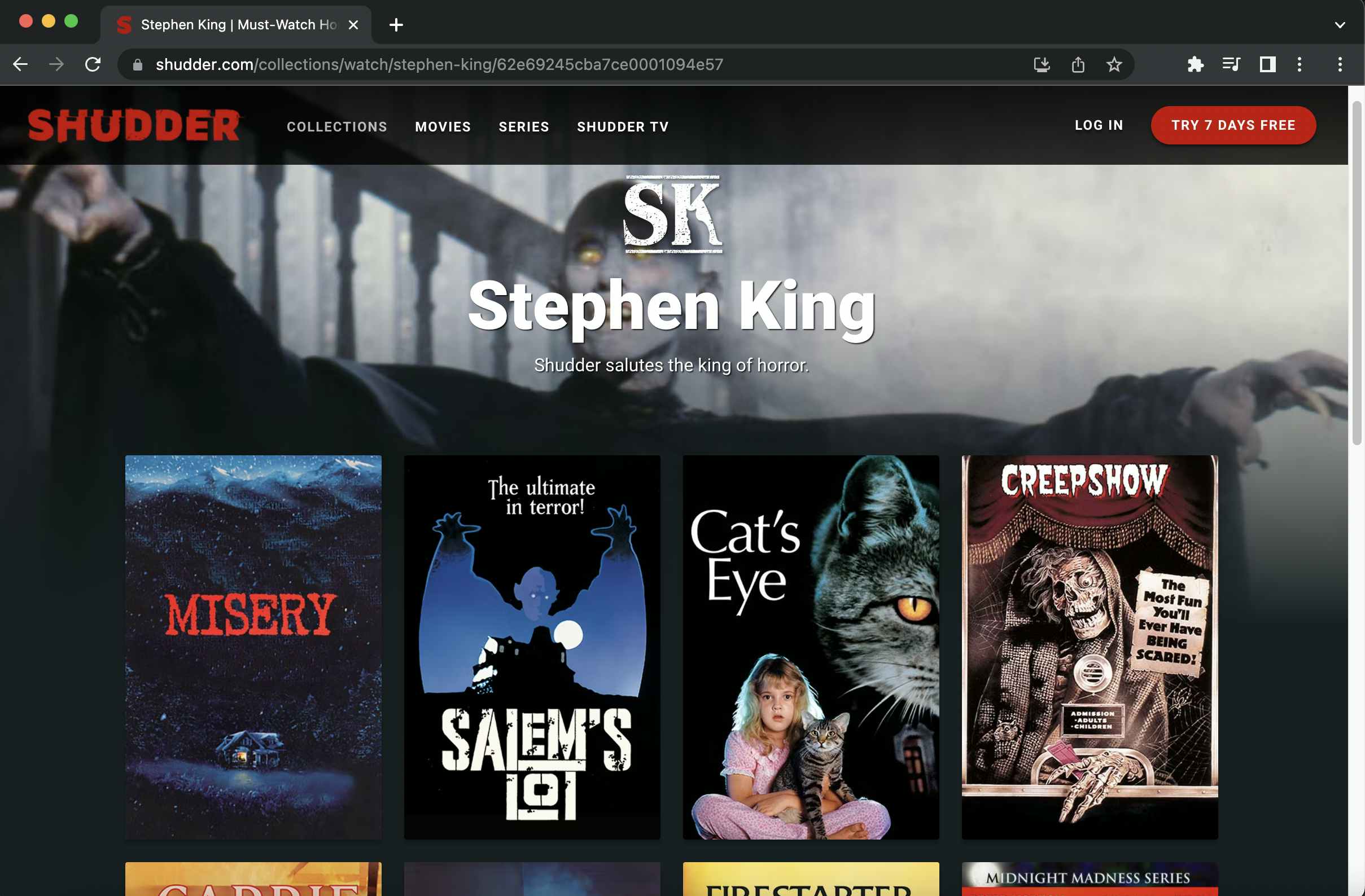 A screenshot of the Stephen King free Halloween movies collection on the Shudder website.