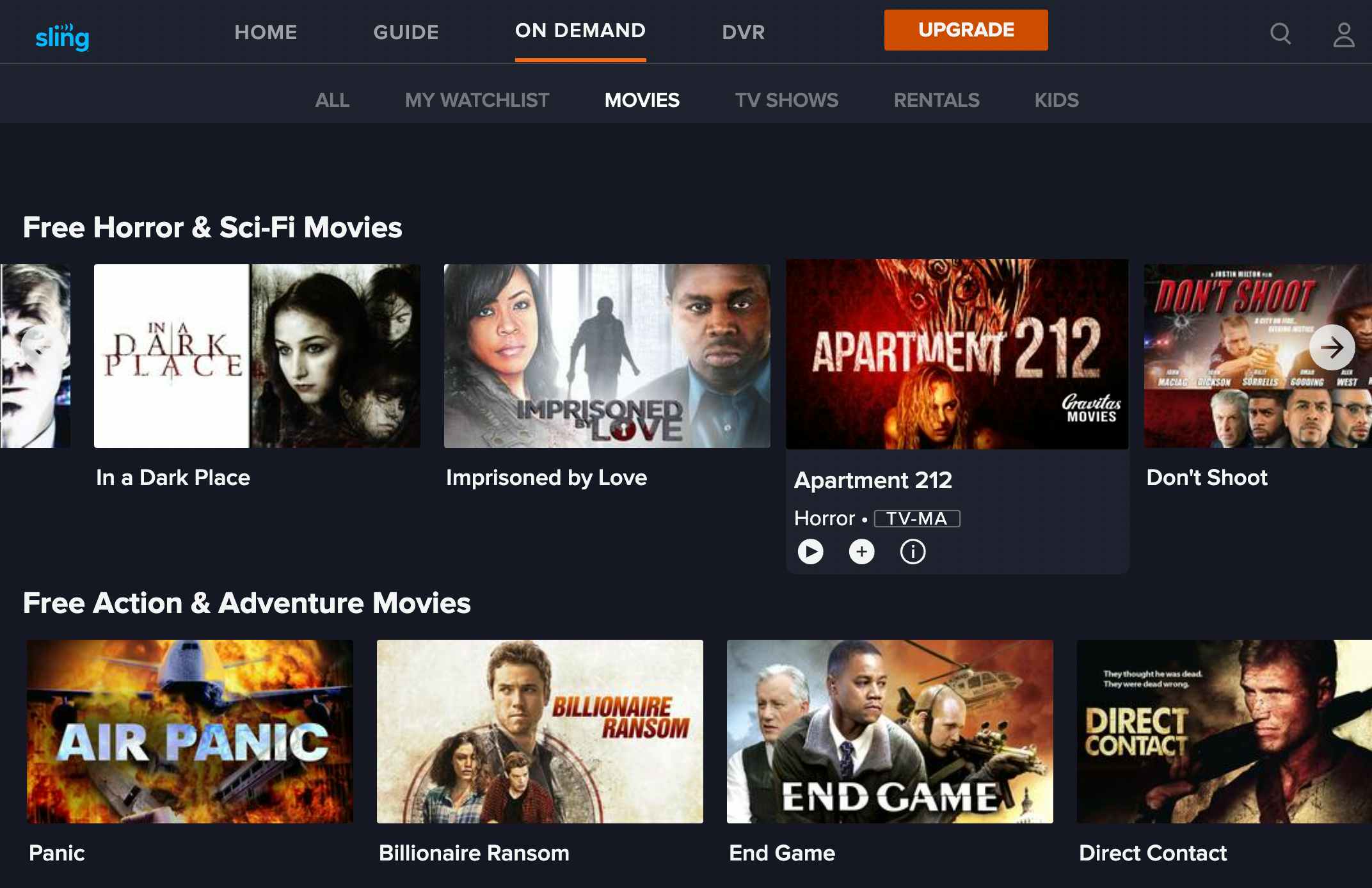 A screenshot of the free Halloween movies list on Sling TV's website.
