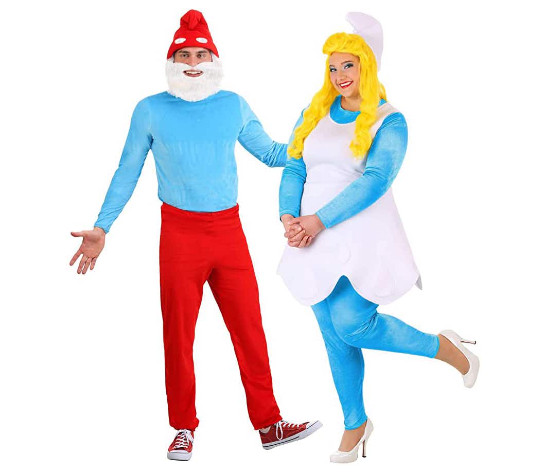 man and woman dressed in Smurfs Halloween costumes