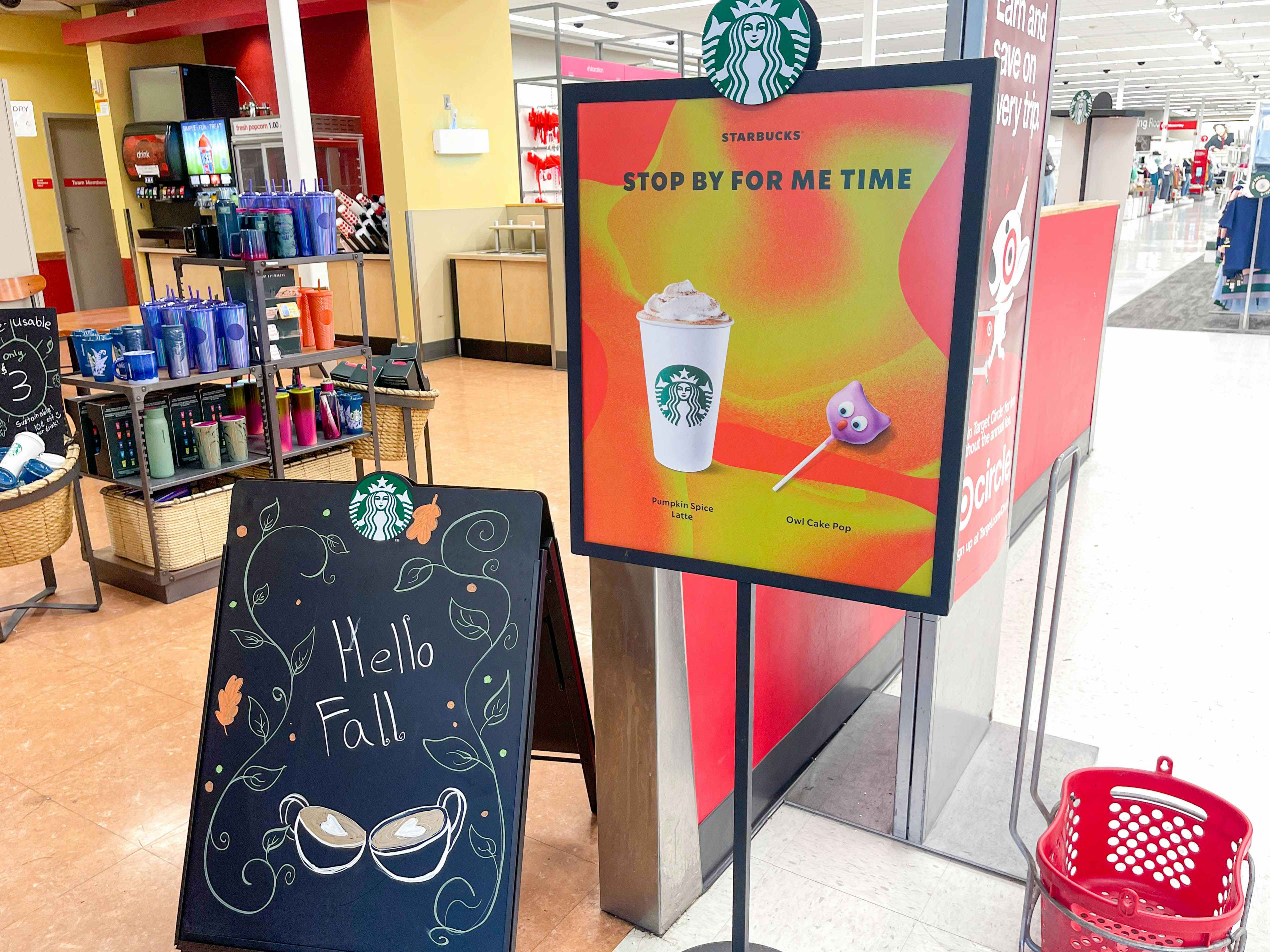 pumpkin spice latte sign and fall sign in target starbucks