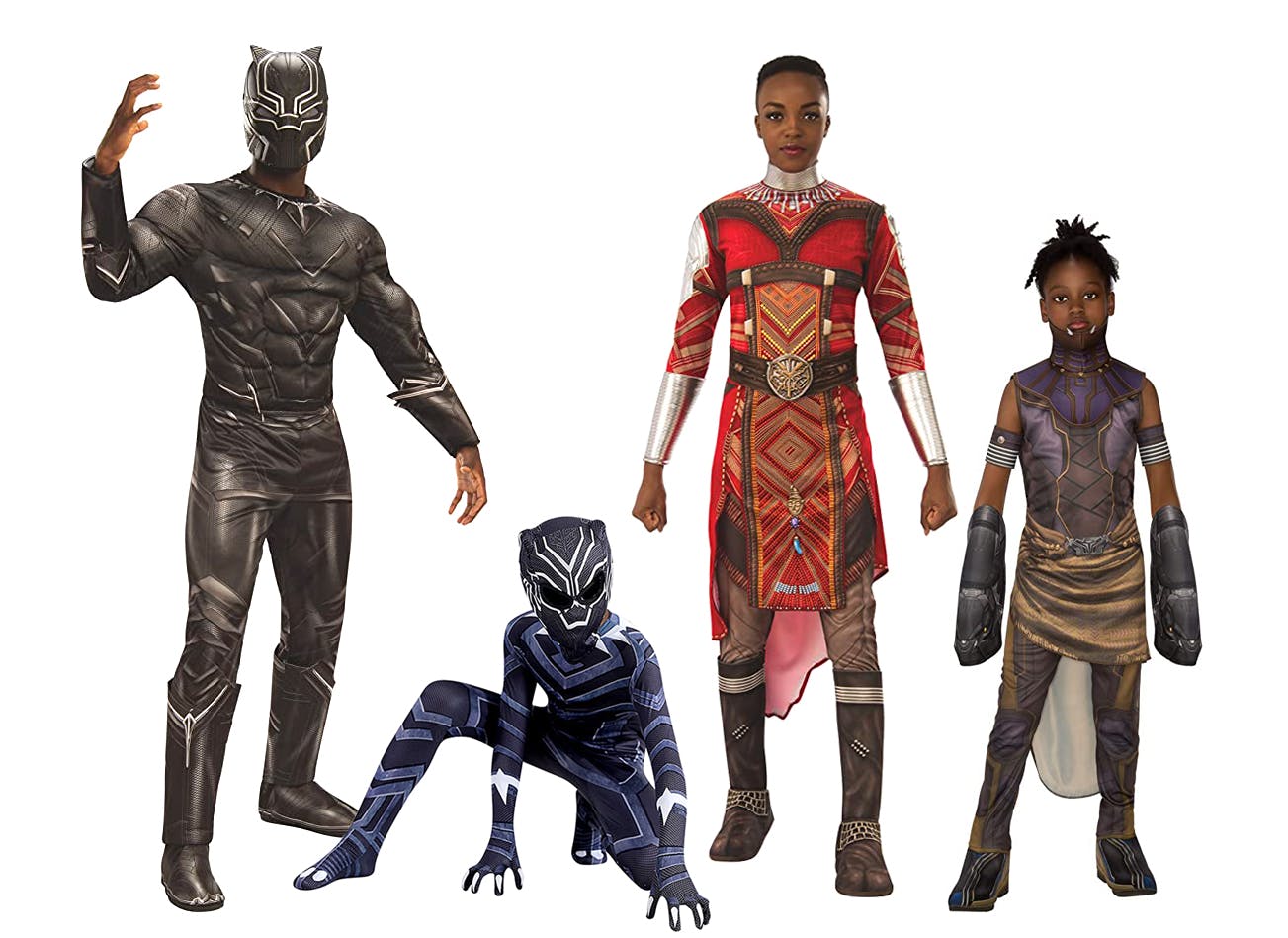 family dressed in Black Panther Halloween costumes