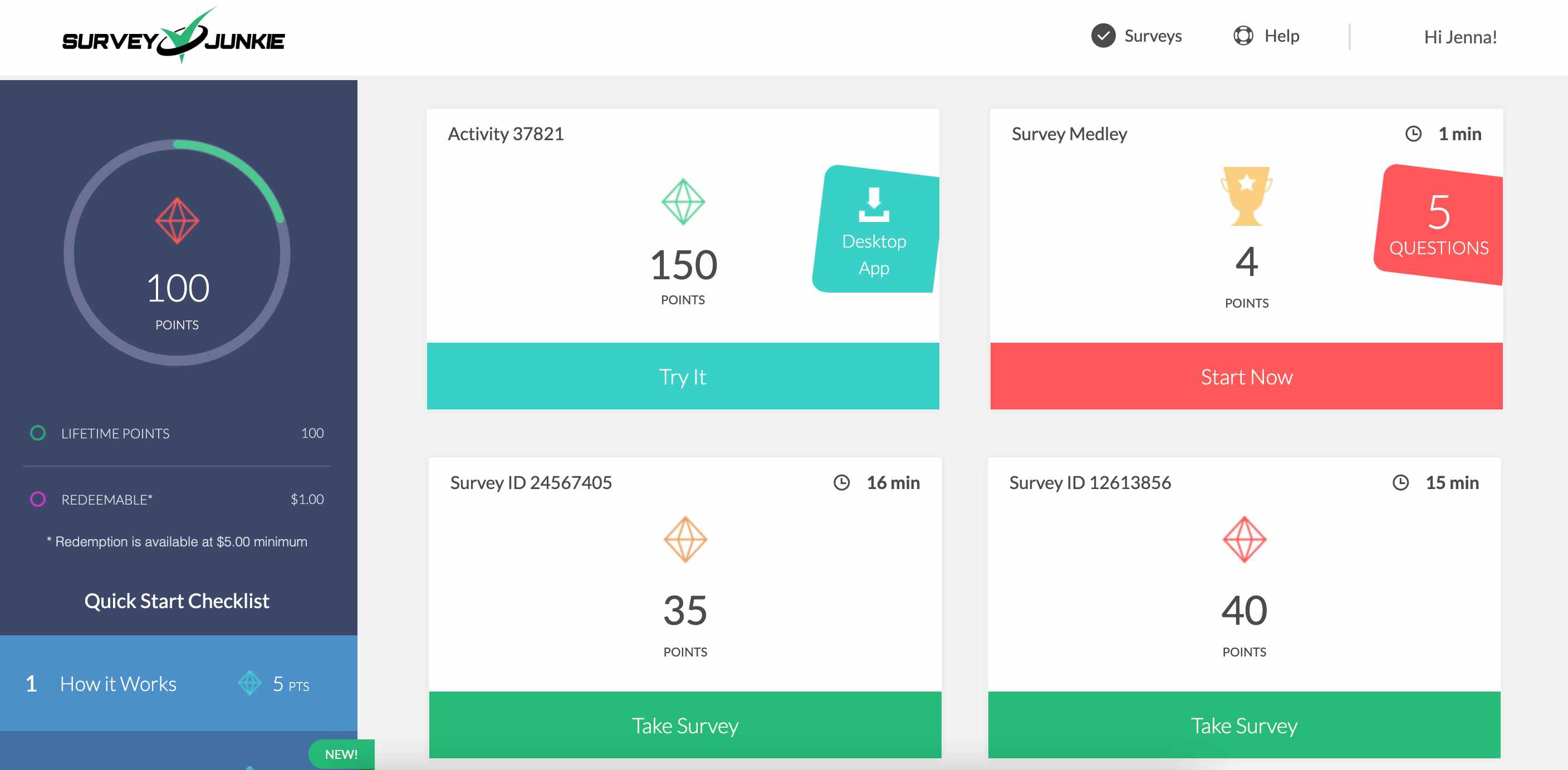 a user's survey junkie dashboard showing 100 points earned and available surveys to take for future points