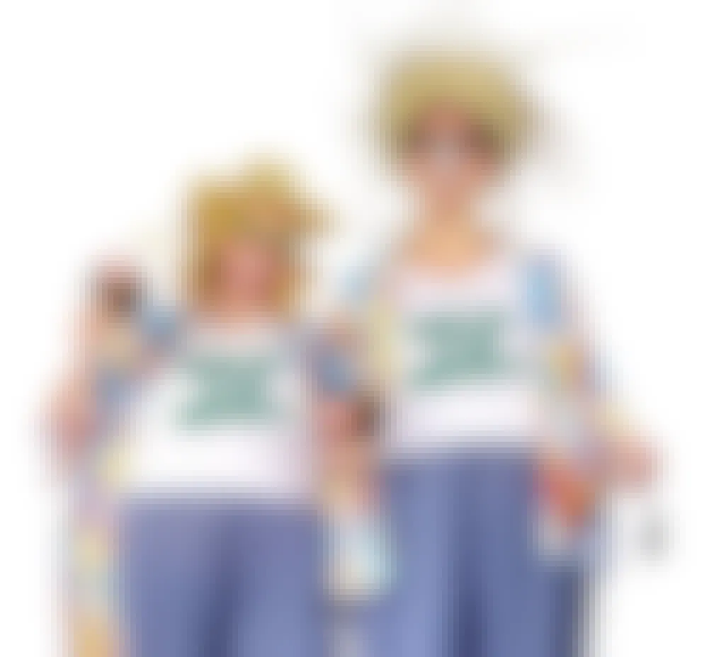 woman and man dressed in tacky tourist Halloween costumes