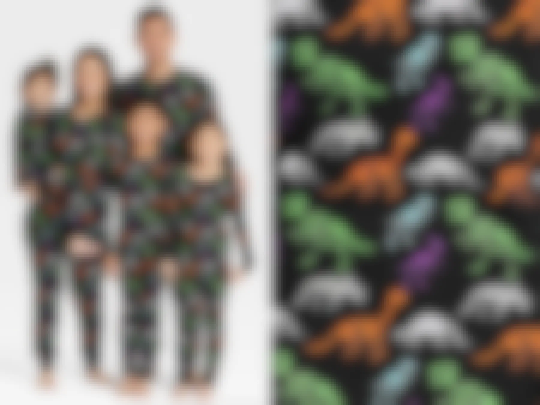 A family dressed in Halloween dino skeleton pajama sets.