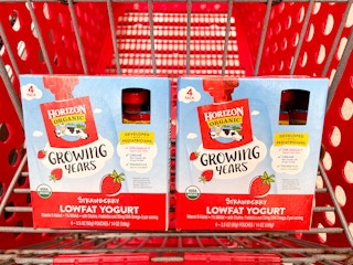 Two boxes of Horizon Organic Growing Years Lowfat Yogurt in a Target shopping cart