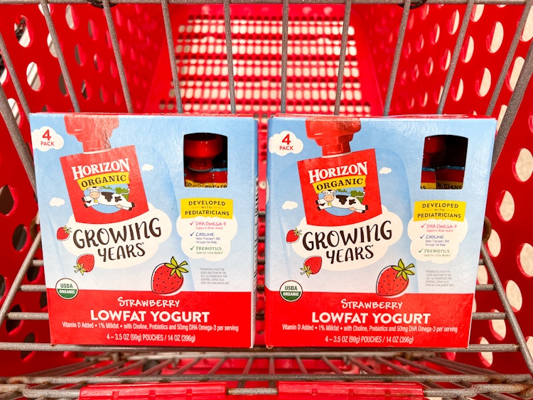 Two boxes of Horizon Organic Growing Years Lowfat Yogurt in a Target shopping cart