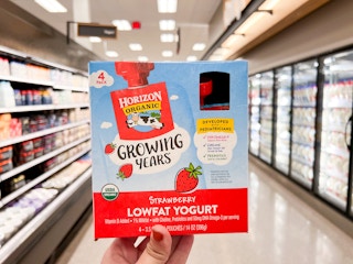 A hand holding a box of Horizon Organic Growing Years Lowfat Yogurt in the dairy aisle at Target