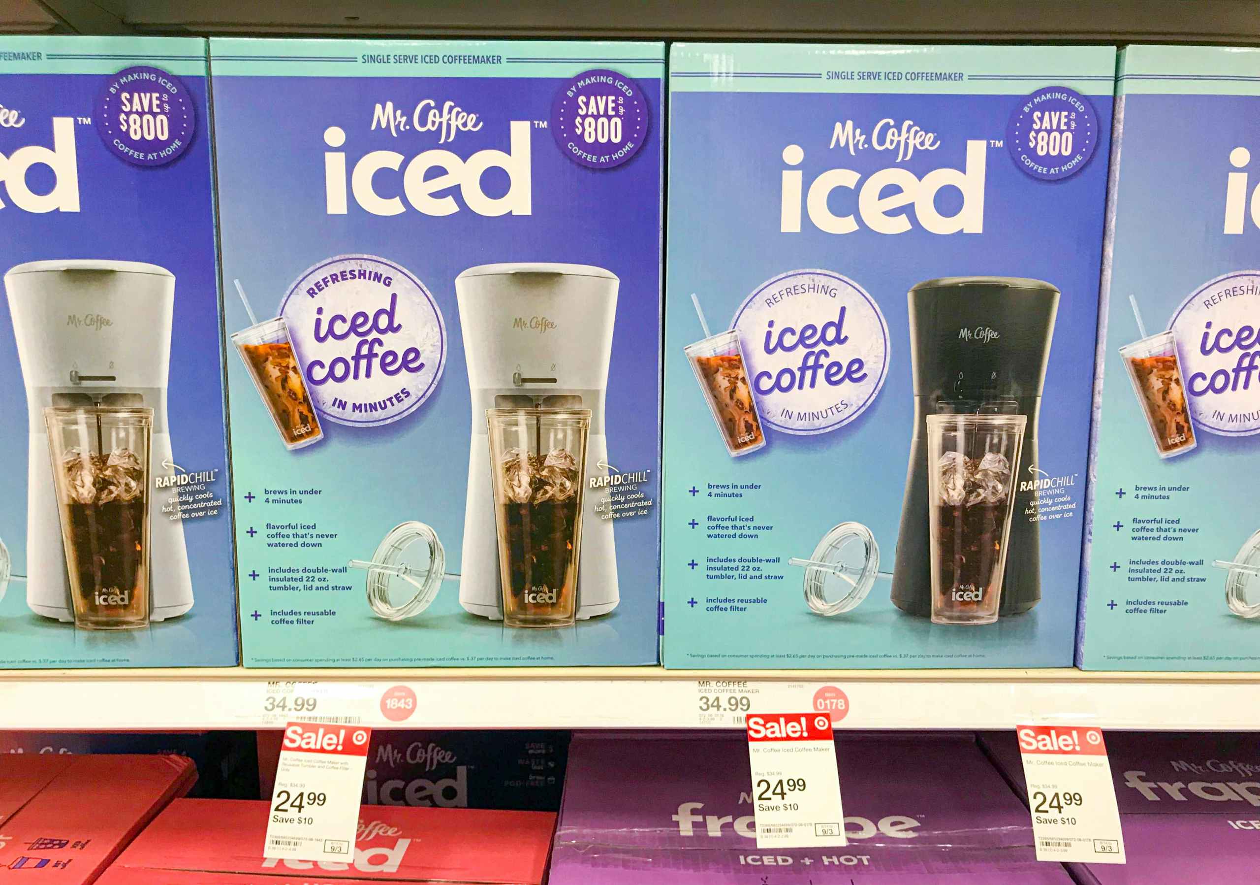 Mr. Coffee iced coffee makers in boxes sitting on Target shelf with sale price tag showing