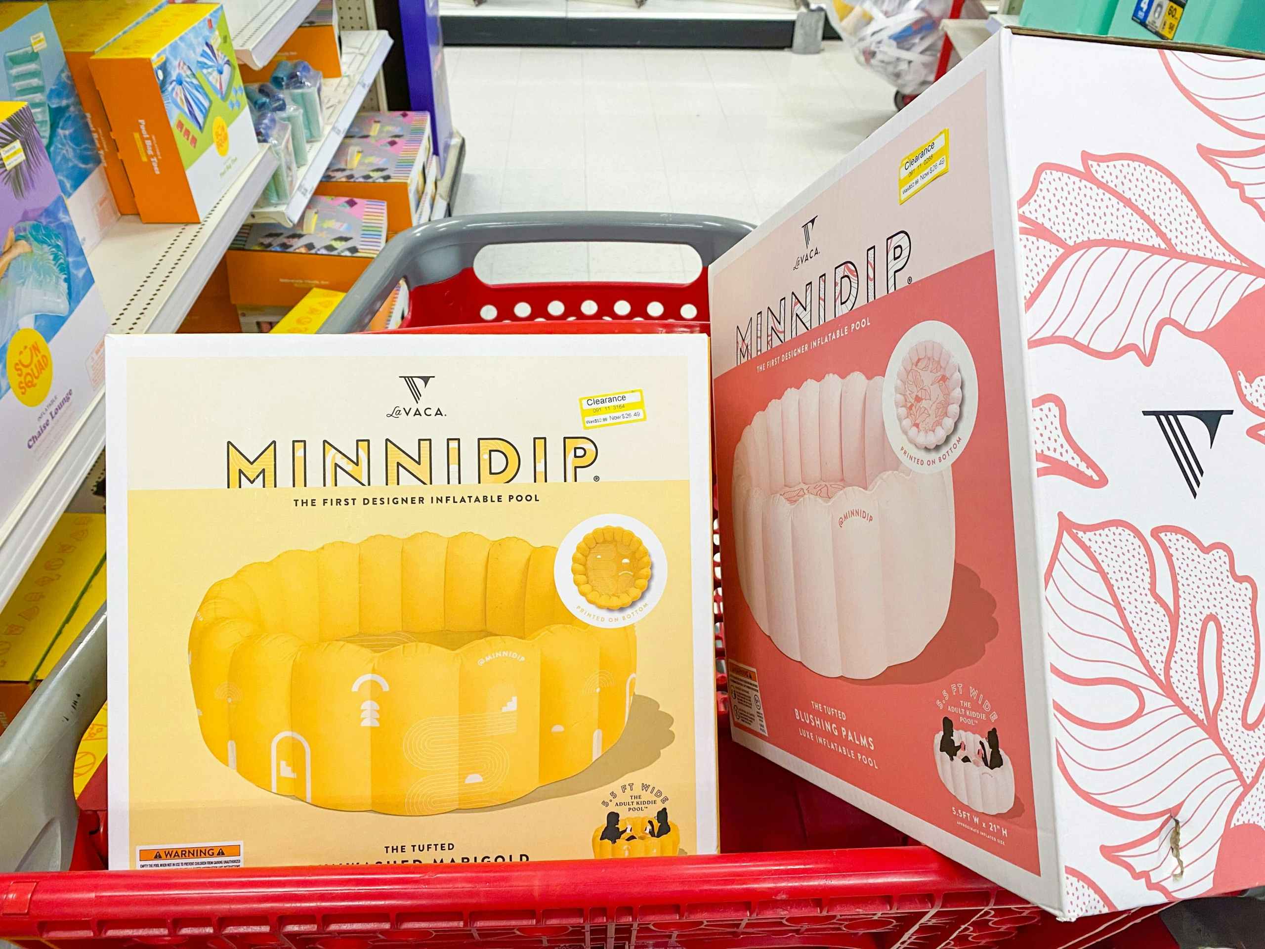 yellow and pink minni pools in a Target cart