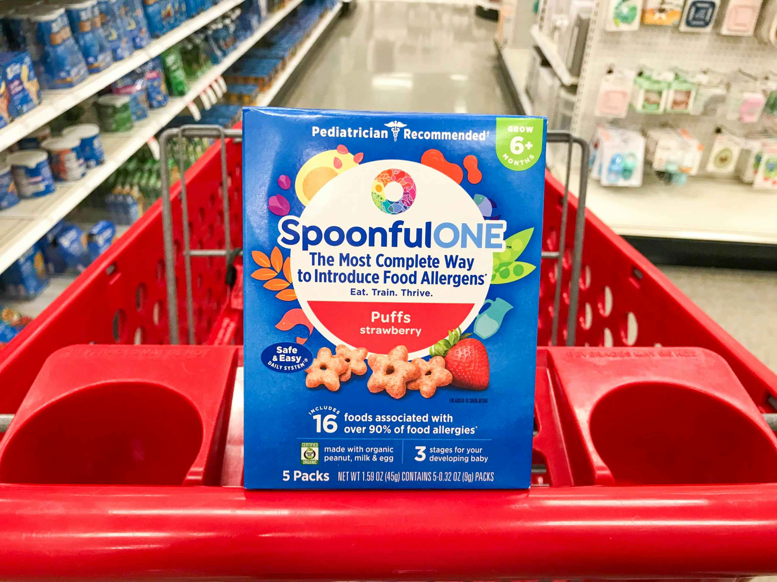 SpoonfulONE baby snack sitting on Target cart
