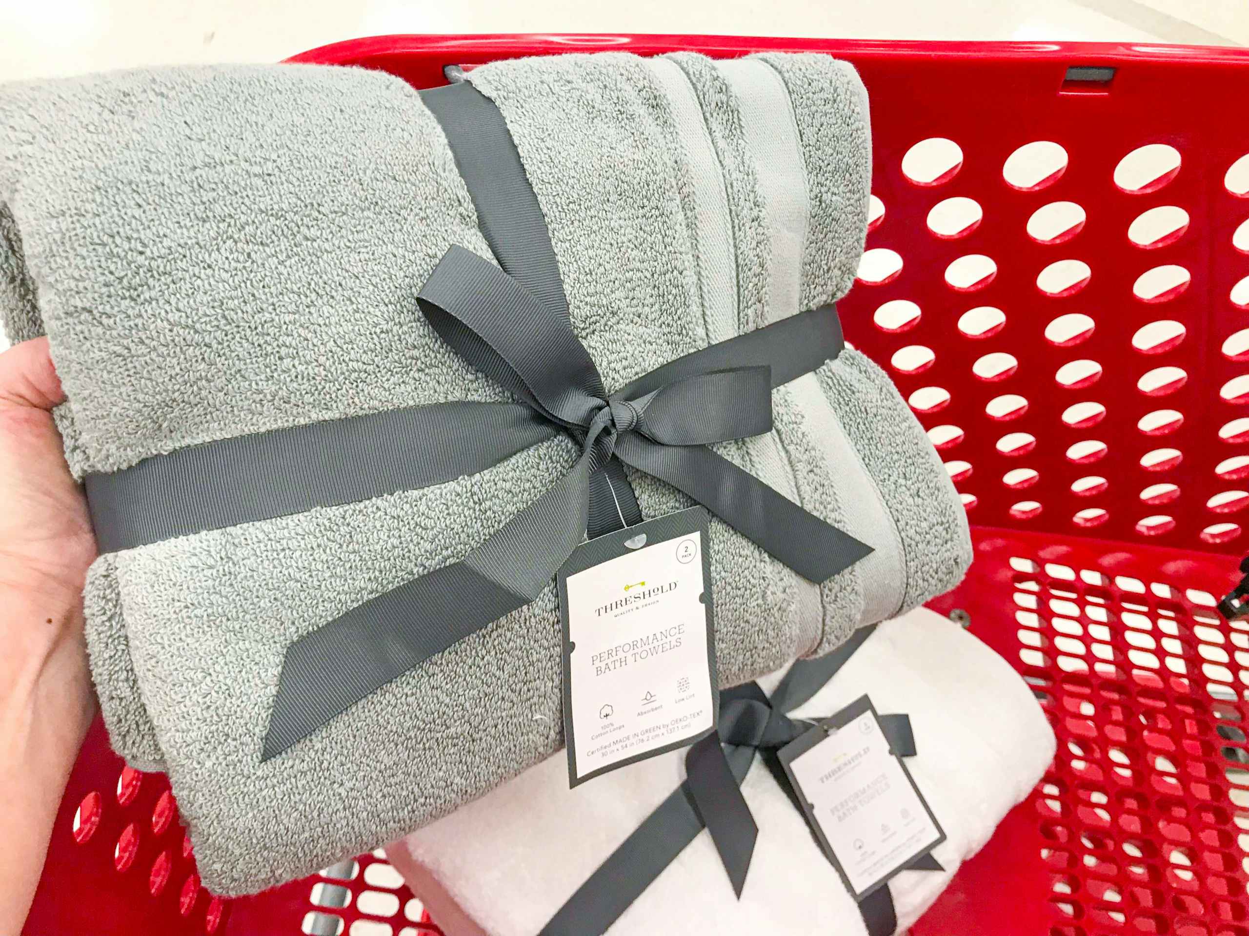 gray and white Threshold towel sets in Target cart
