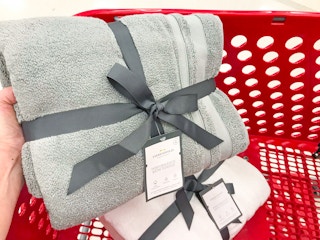 gray and white Threshold towel sets in Target cart