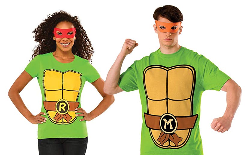 woman and man dressed in Teenage Mutant Ninja Turtles Halloween costumes