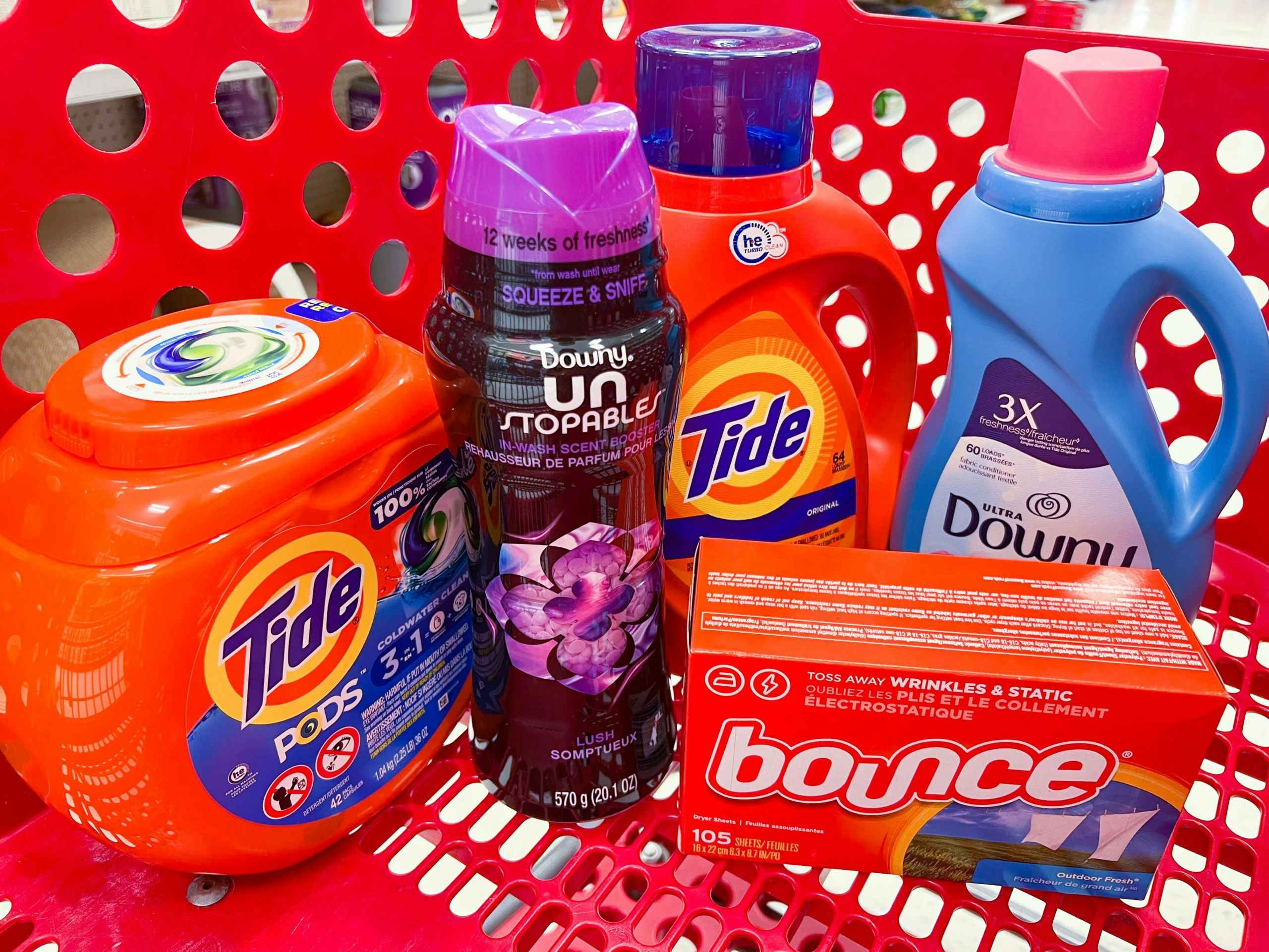 Bounce, Tide, and Downy together in Target shopping cart