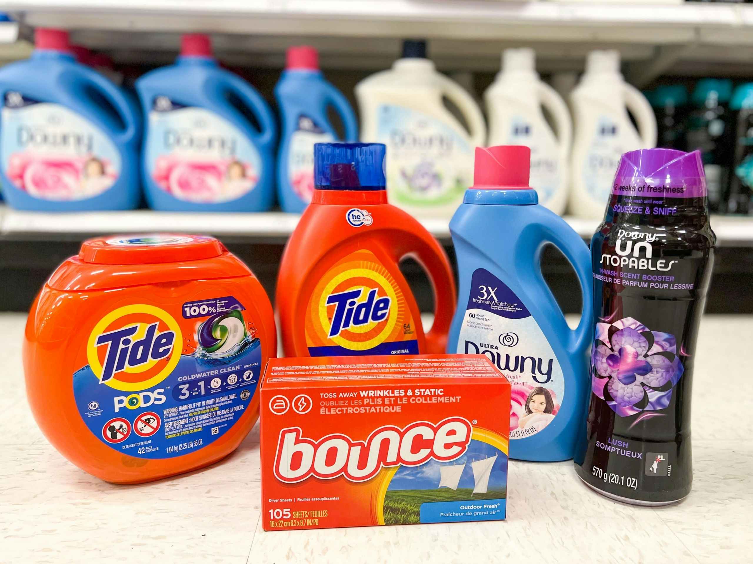 Bounce, Tide, and Downy together on the floor at Target