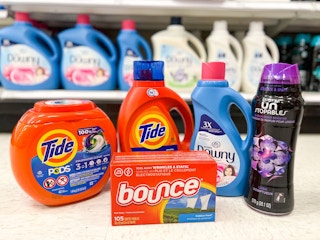 Bounce, Tide, and Downy together on the floor at Target