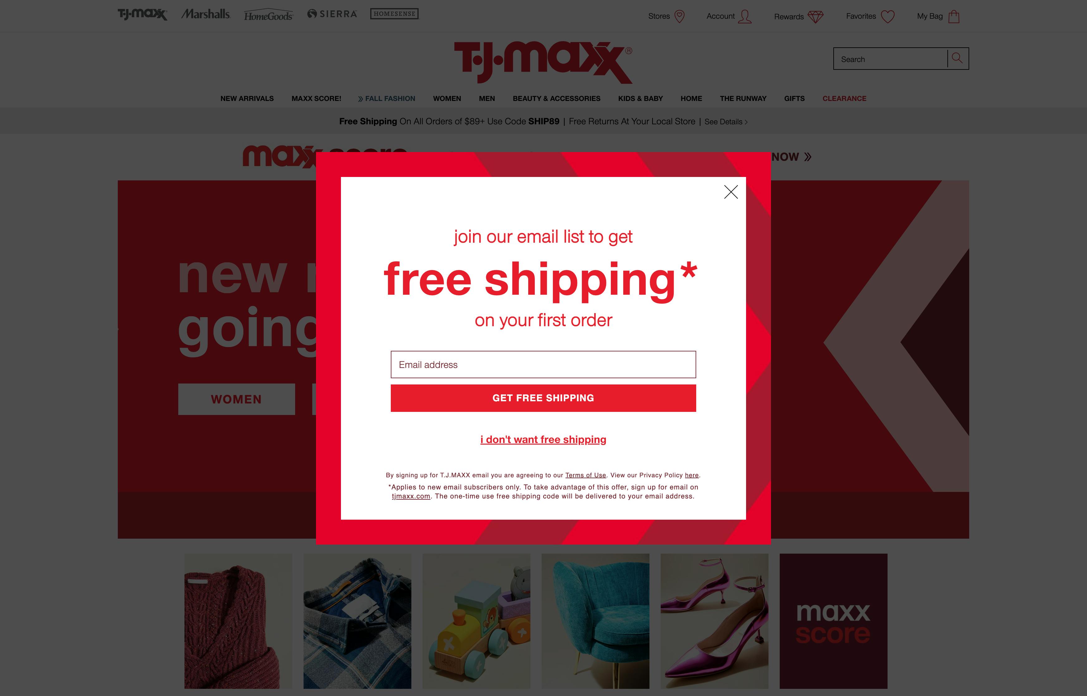 a pop-up on tjmaxx.com offering free shipping to email subscribers