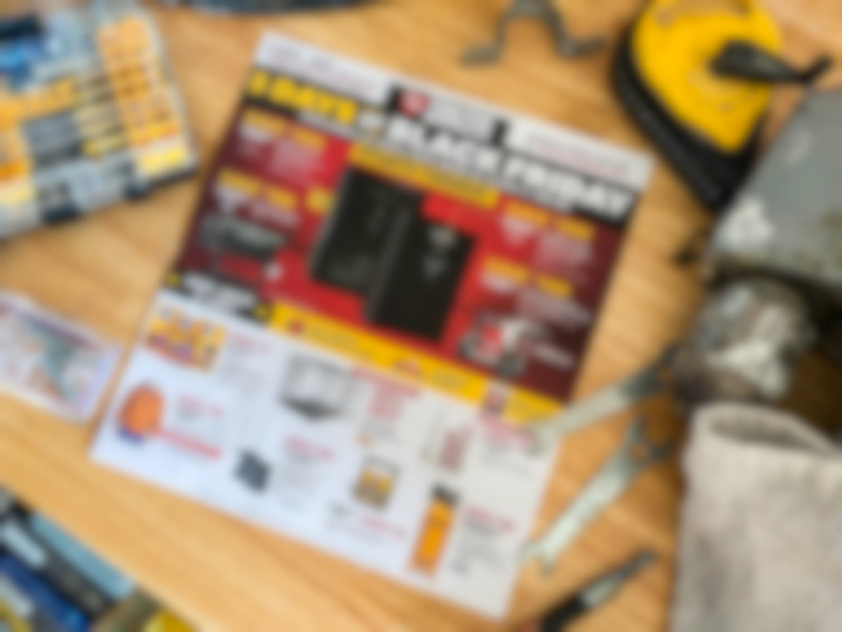 A Tractor Supply Co 2021 Black Friday ad sitting on a work bench surrounded by tools.