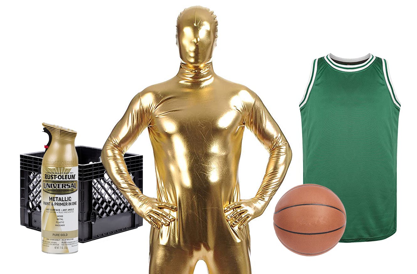 man posing with gold bodysuit near crate, gold spray paint, basketball, and jersey