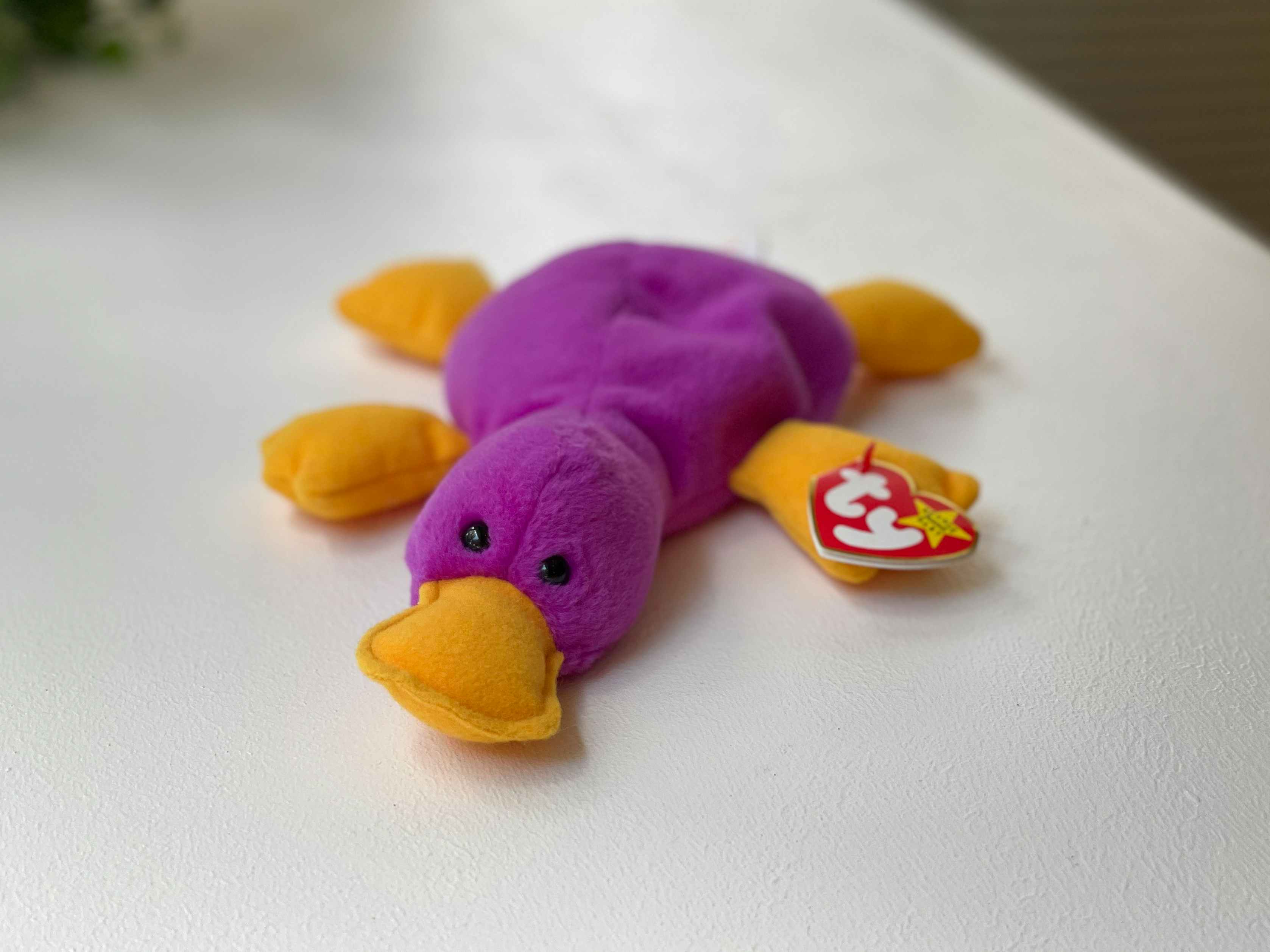 A Patti the Platypus beanie baby sitting on a white table.