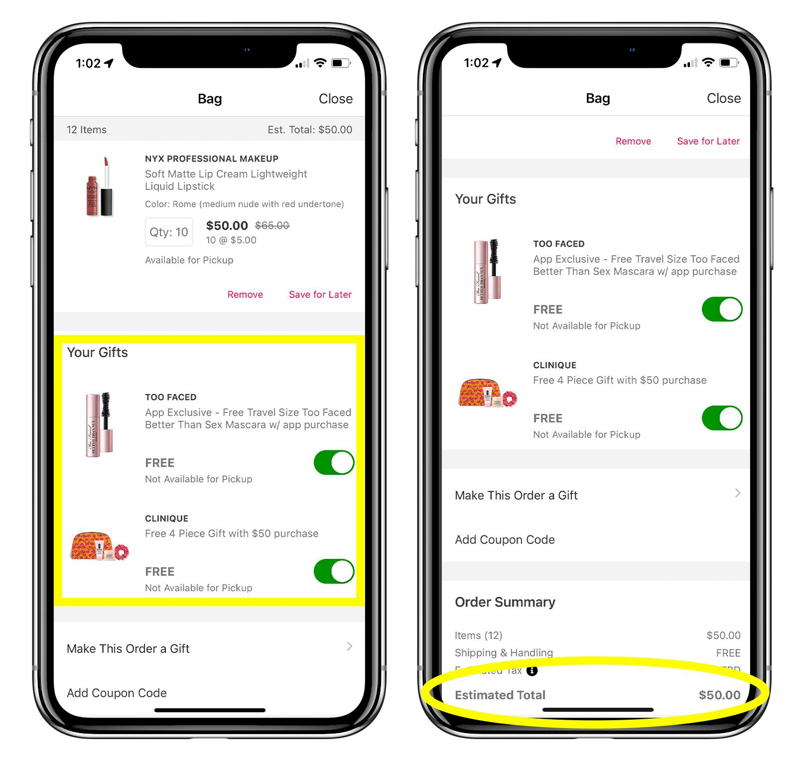 A graphic of two iphones showing the free gifts added to a shopping cart in the Ulta Beauty app after adding 50 dollars worth of product into it for the sale.