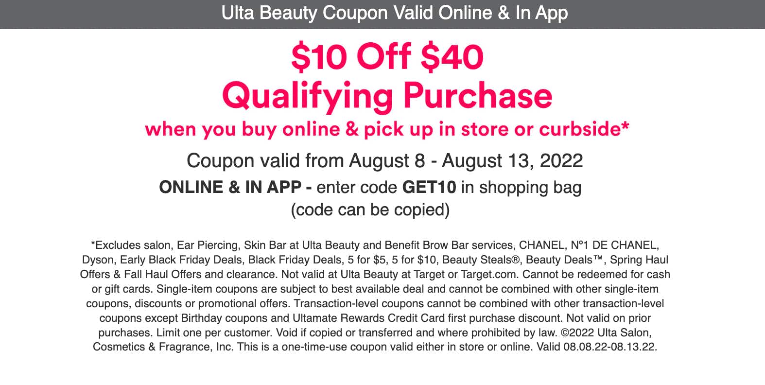 an ulta coupon for $10 off of a $40 purchase