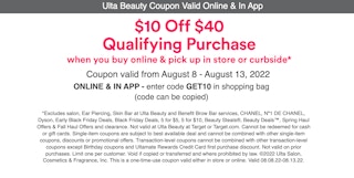 an ulta coupon for $10 off of a $40 purchase