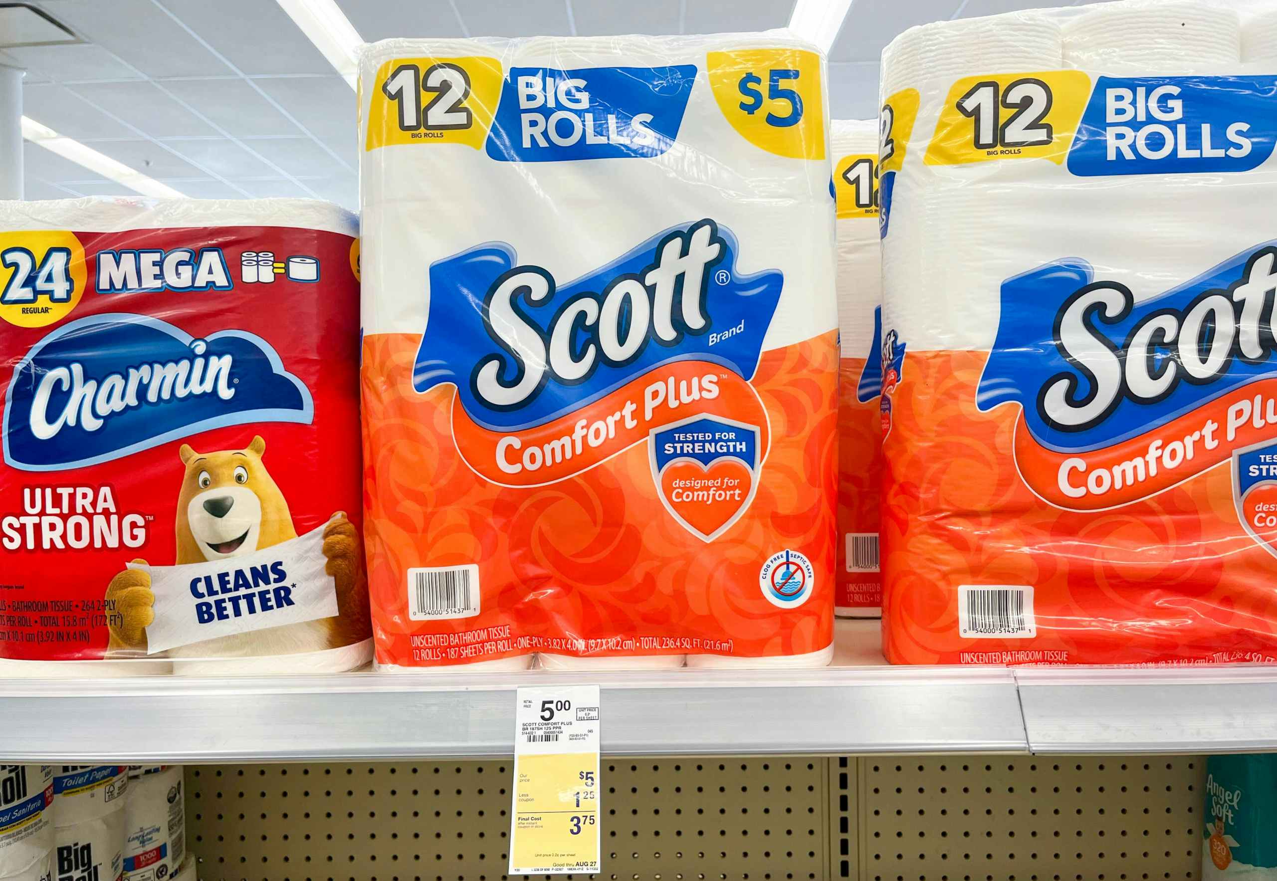 shelf with Scott Toilet Paper and price tag underneath