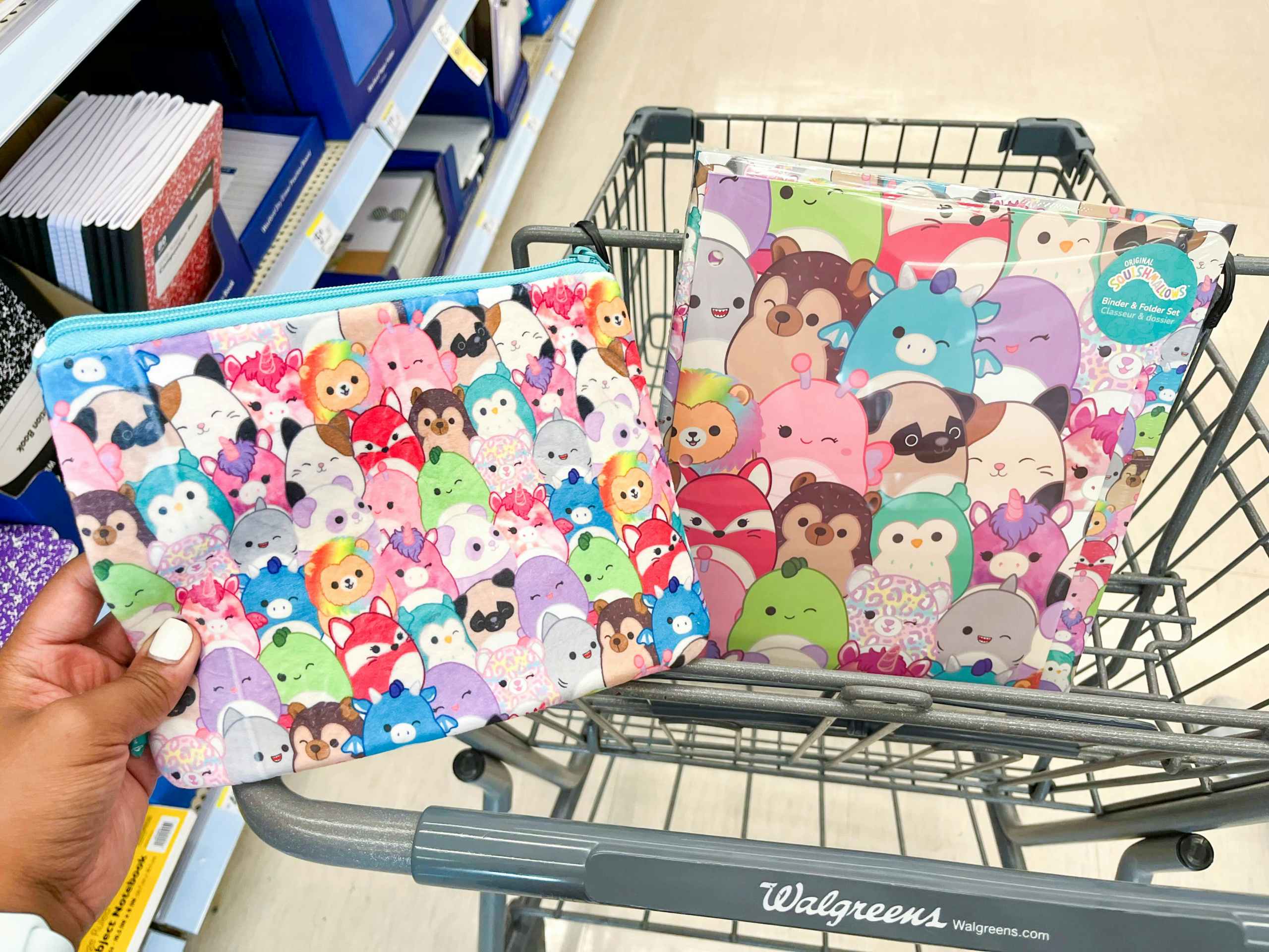 hand holding Squishmallow pencil pouch in front of shopping cart with Squishmallow binder set inside