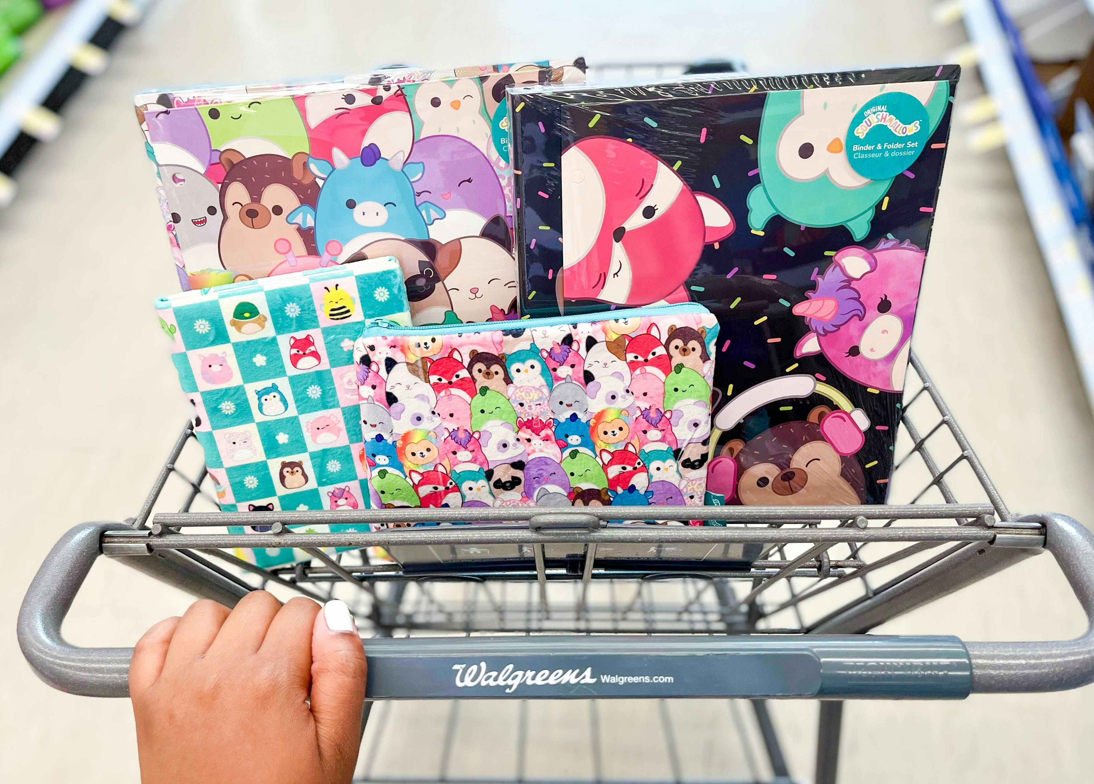 hand on shopping cart handle with Squishmallow pencil pouch, journal, binder sets, and journal inside
