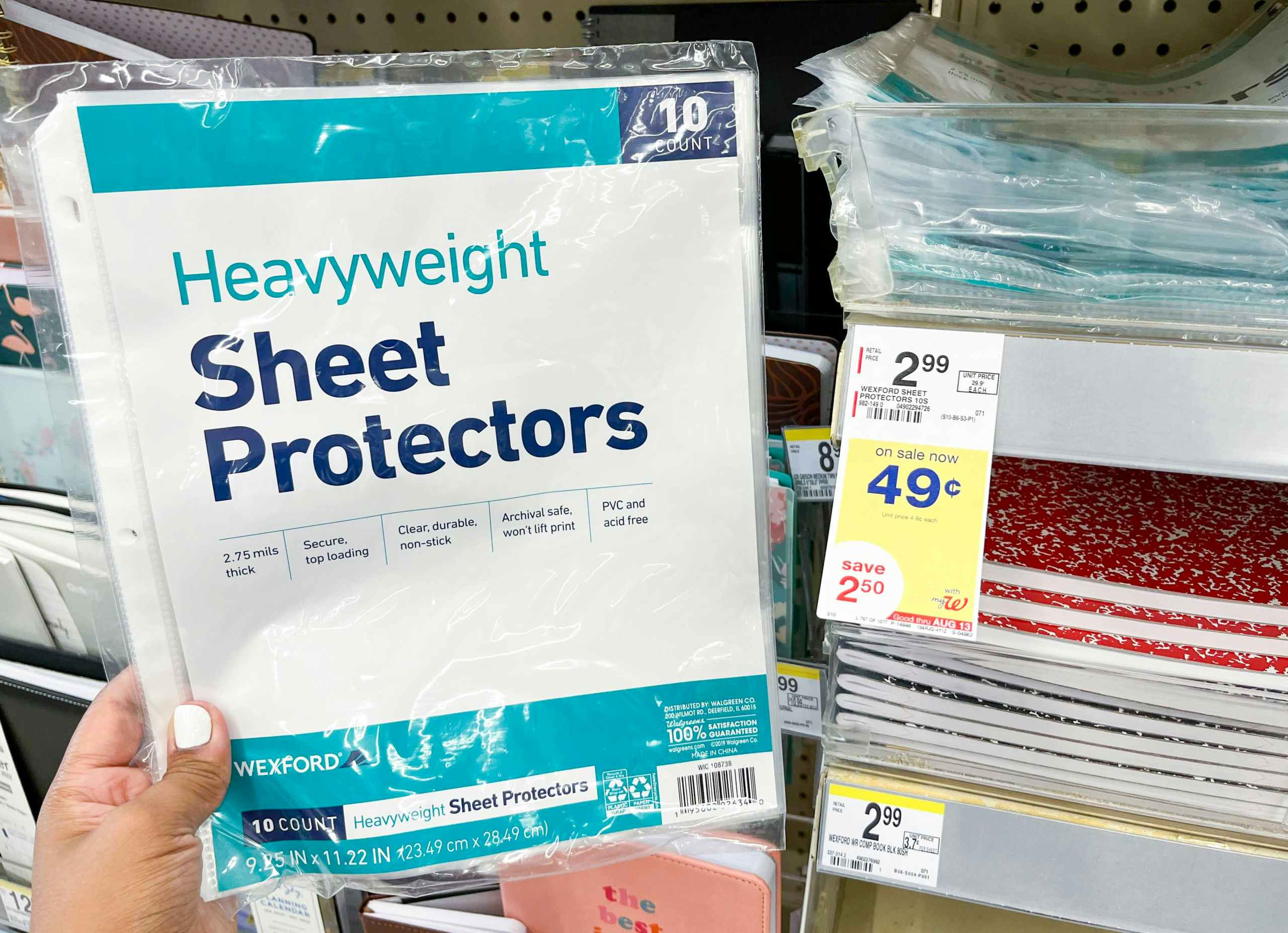 hand holding Wexford heavyweight sheet protectors next to sales tag