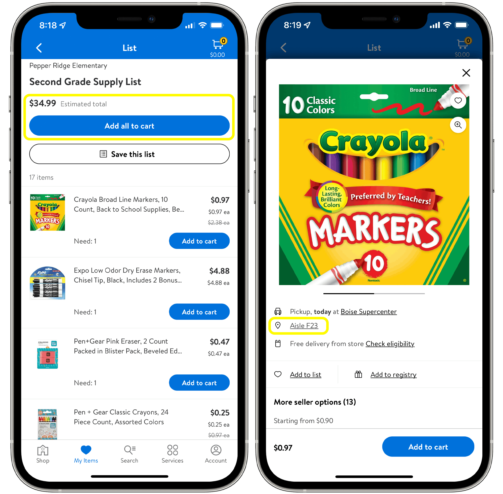 The walmart app featuring products from a second grade school supply list.