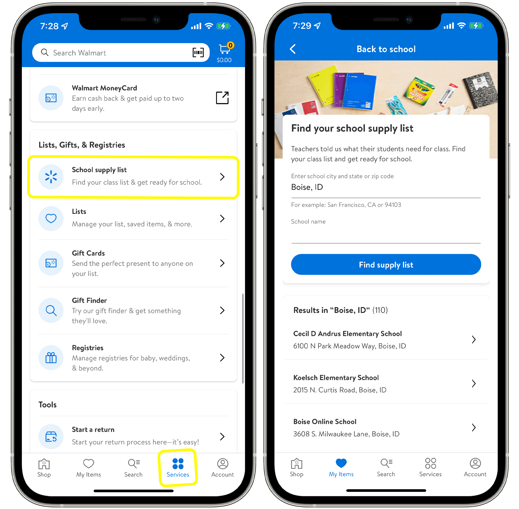 Two cell phones displaying the Walmart school supply list section on the Walmart app.