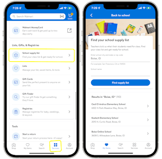 Two cell phones displaying the Walmart school supply list section on the Walmart app.