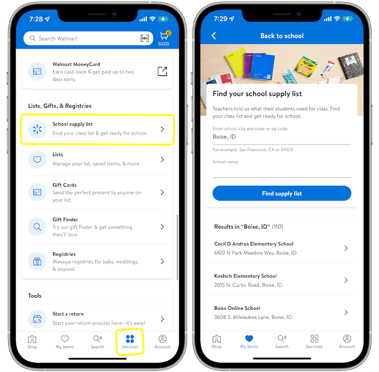 Two cell phones displaying the Walmart school supply list section on the Walmart app.