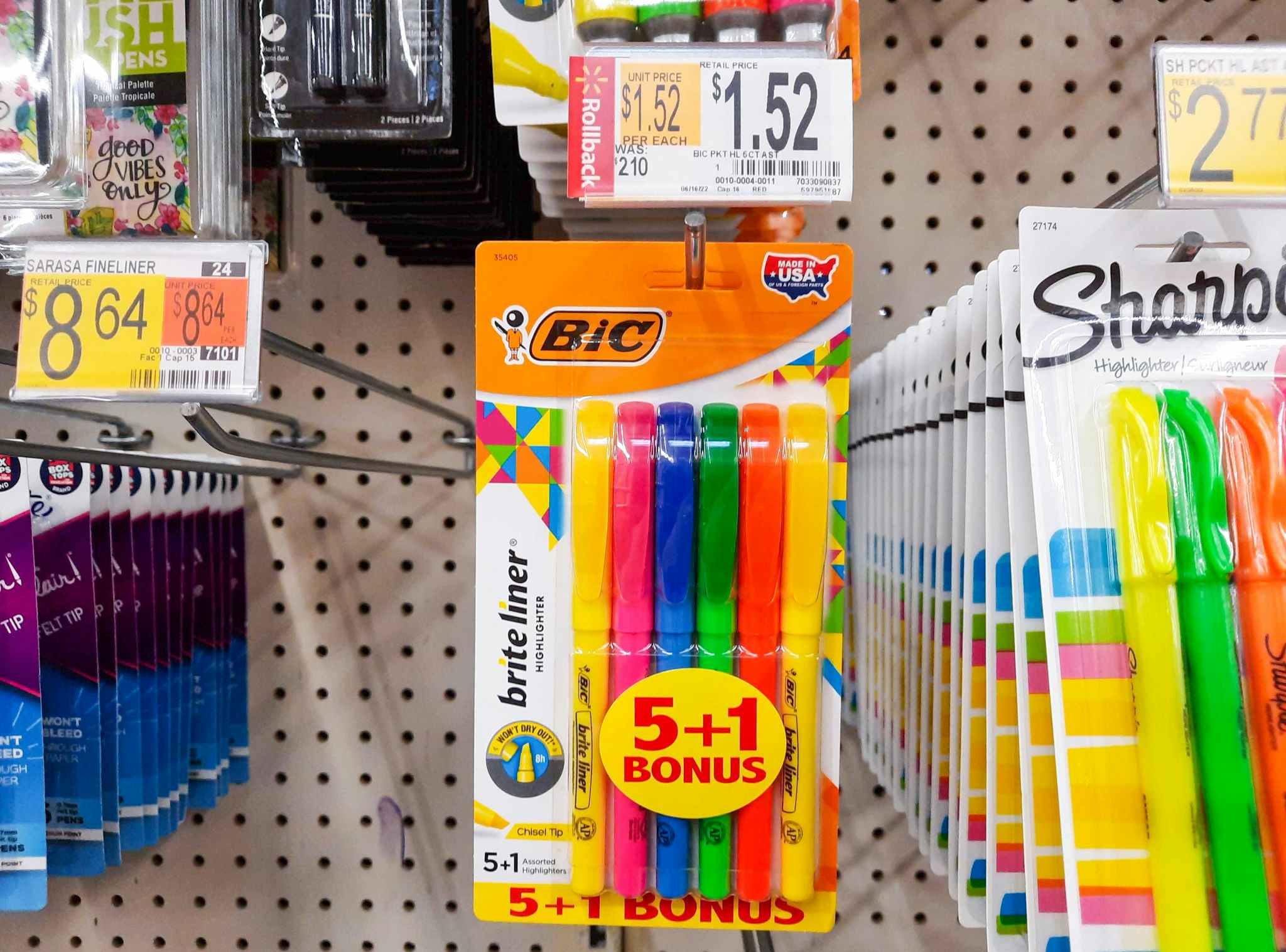 Bic Brite Liner Highlighters on display at Walmart. Rollback price tag shows that the price is $1.52, regularly $2.10.