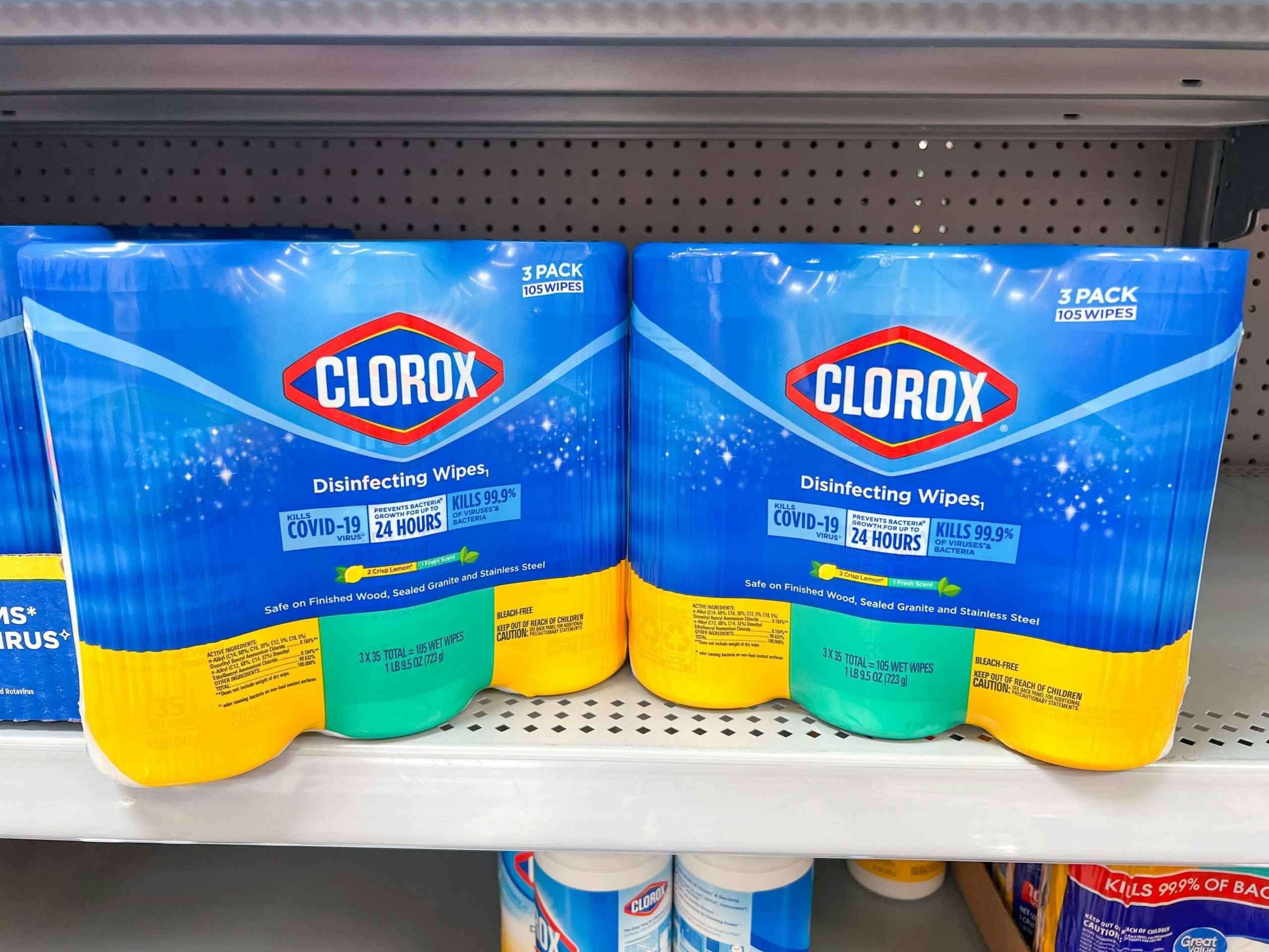 Two Clorox Disinfecting Wipes multi-pack products on shelf at Walmart.