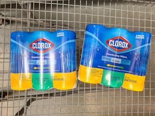 Two Clorox Disinfecting Wipes multi-pack products in Walmart shopping cart.