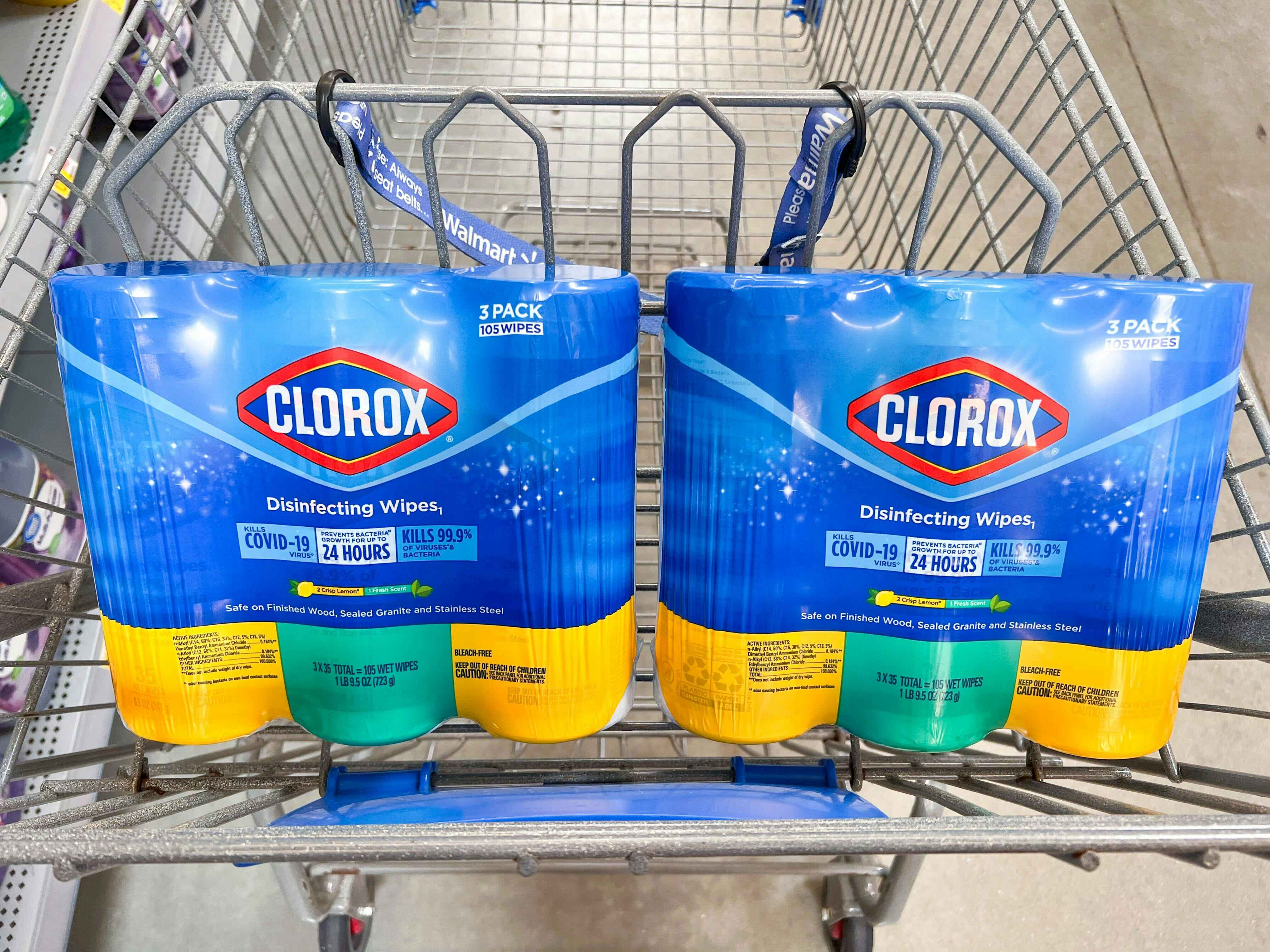 Two Clorox Disinfecting Wipes multi-pack products in Walmart shopping cart.