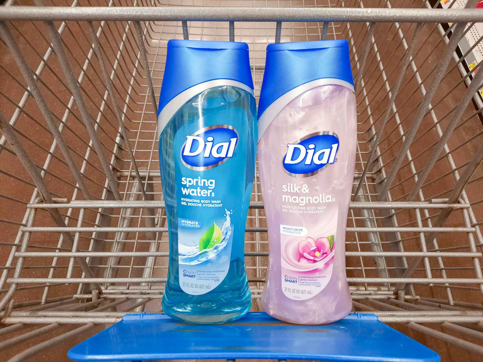 Two bottles of Dial Body Wash in Walmart shopping cart