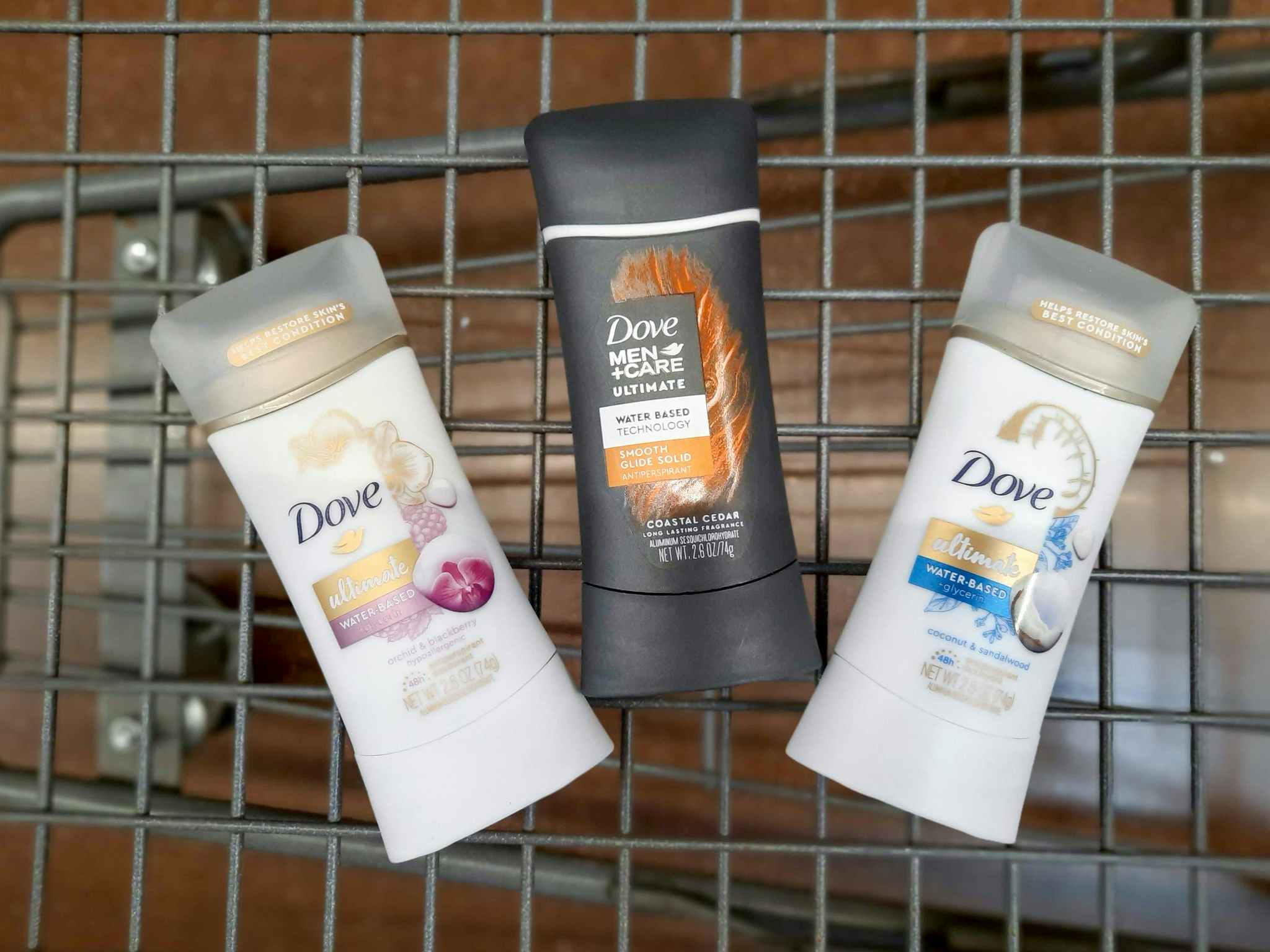 Three Dove Ultimate Deodorant products in Walmart shopping cart