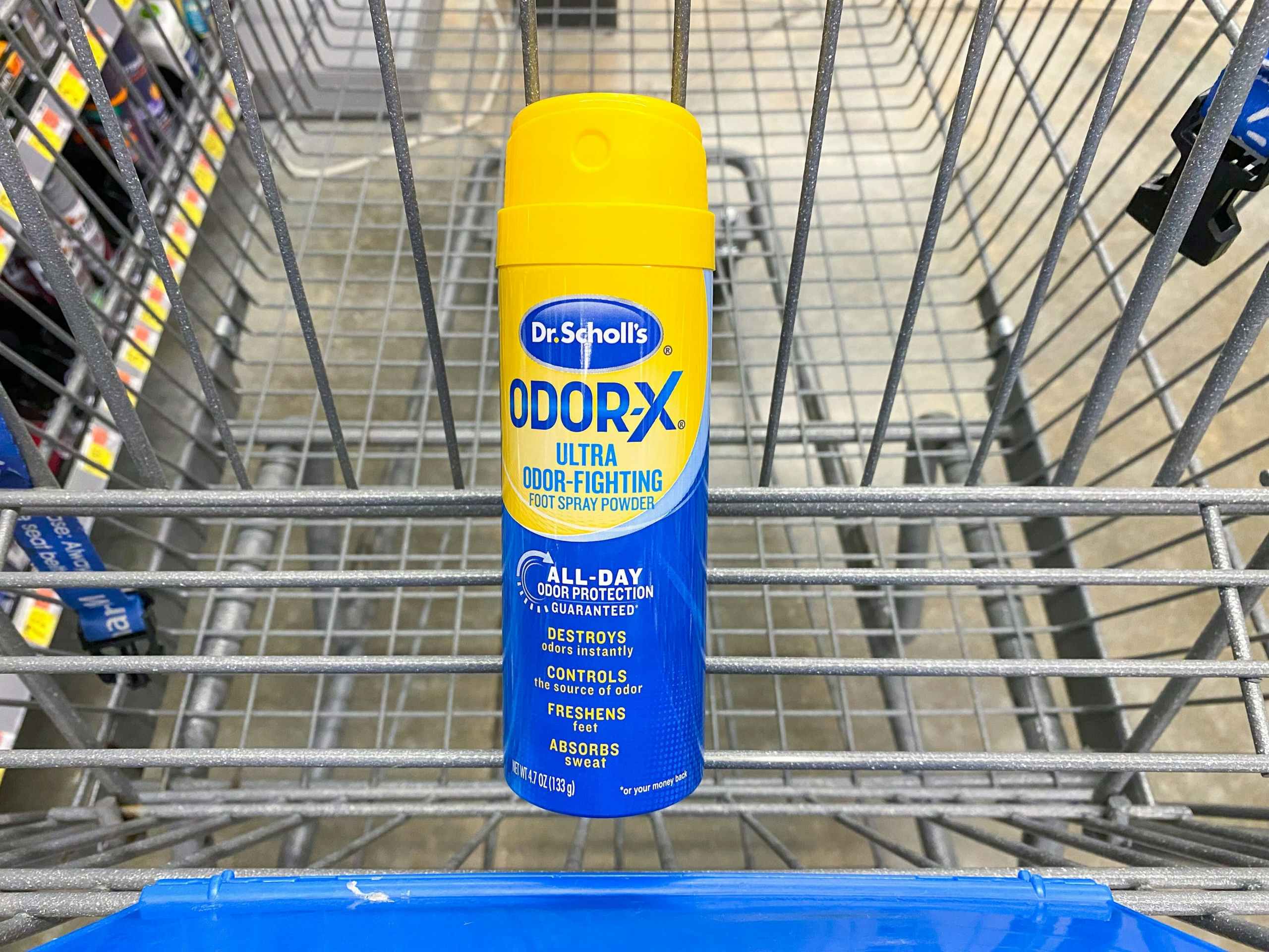 Dr Scholl's Odor-X Spray Powder in Walmart shopping cart