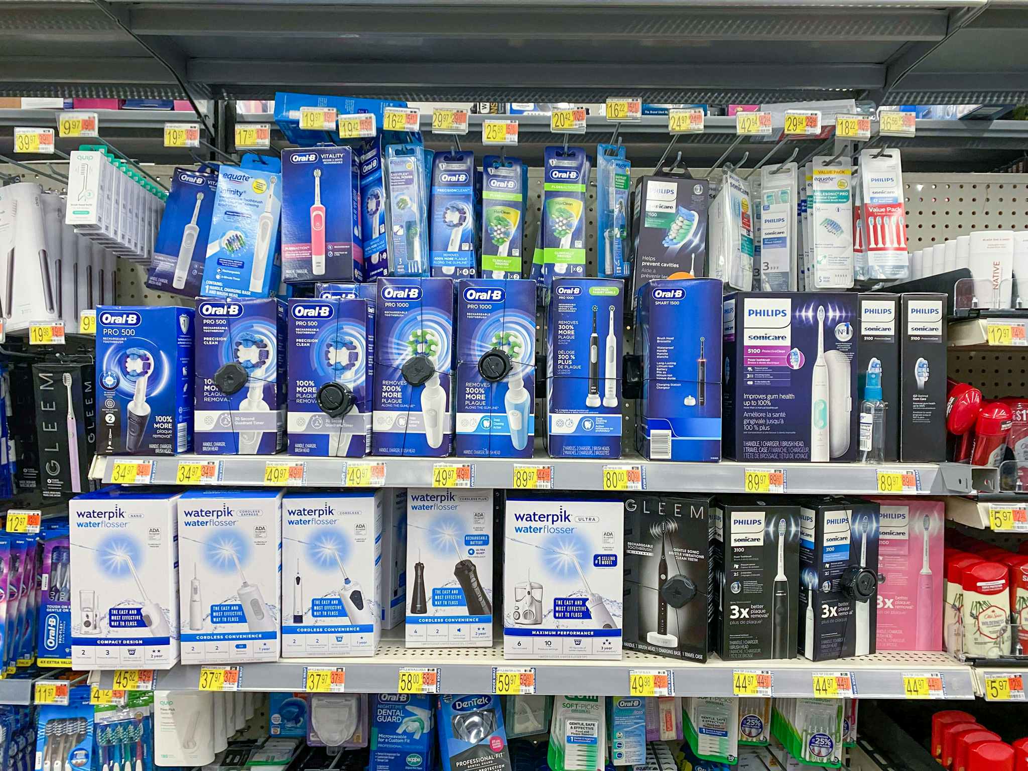 Electric toothbrushes and supplies on display at Walmart