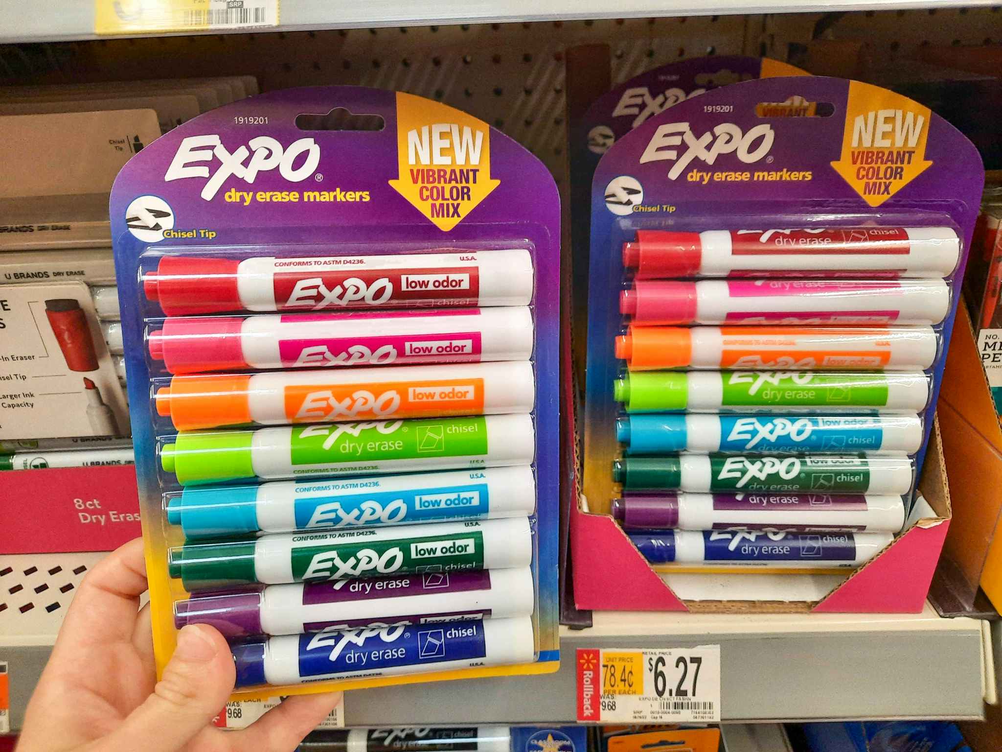 hand holding 8 pack of expo markers at walmart