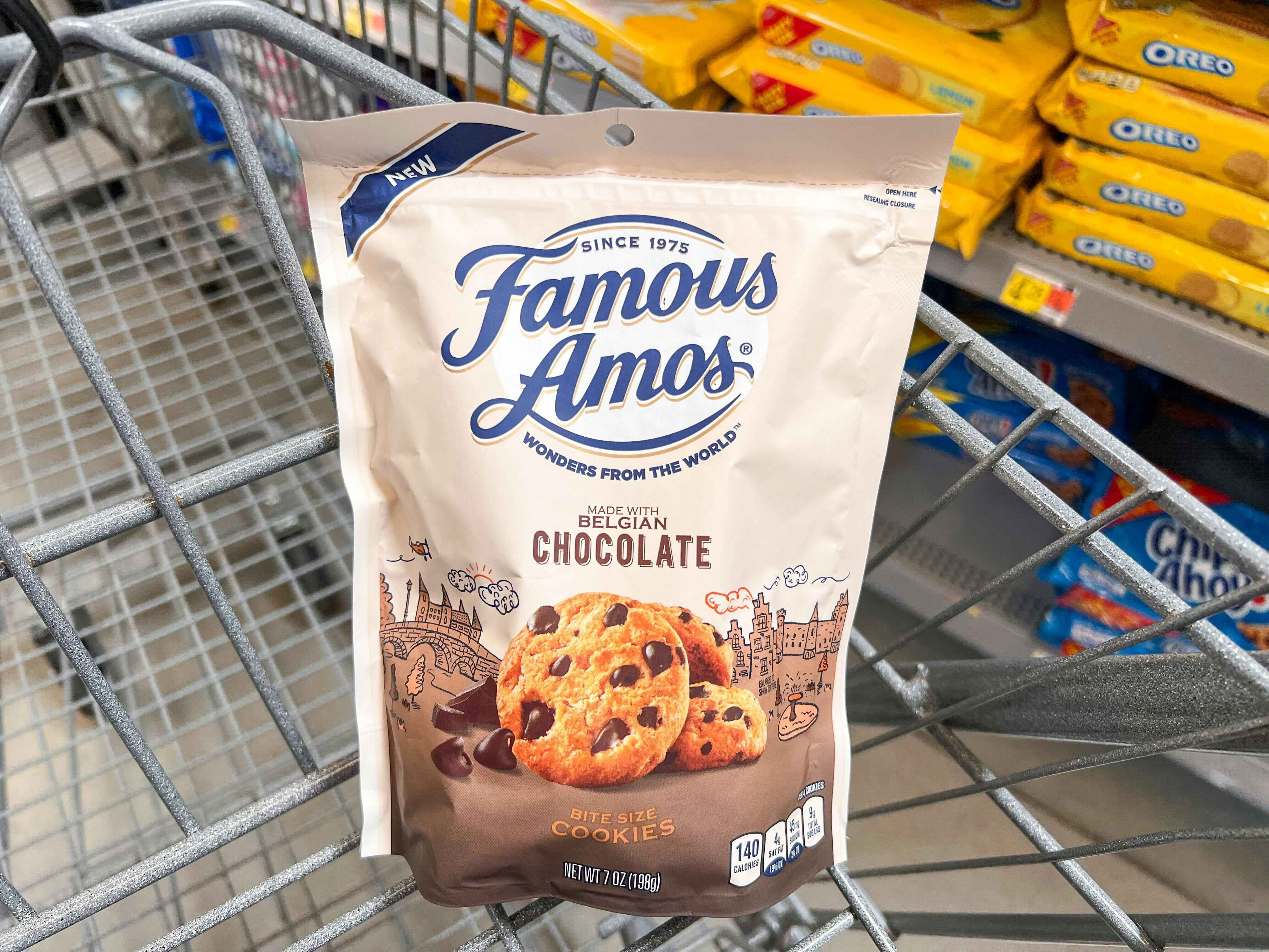 Seven-ounce package of Famous Amos Cookies in Walmart shopping cart