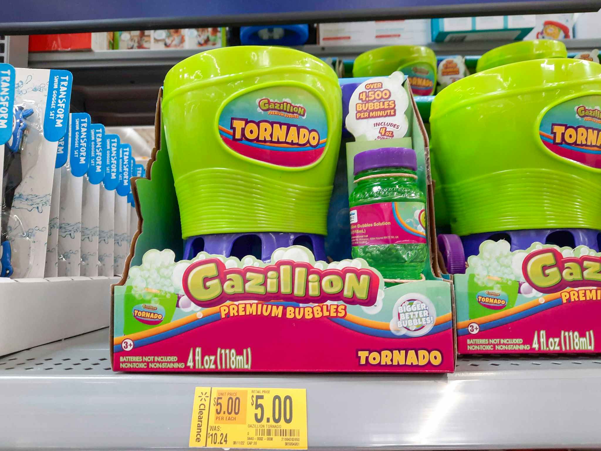 Gazillion Bubble Tornado toy on shelf at Walmart. Clearance tag in front of the product reads $5, regularly $10.24.