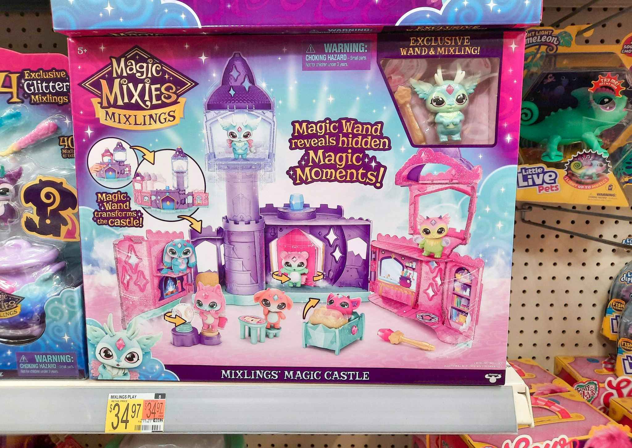 Magic Mixies Mixlings Magic Castle toy on shelf at Walmart. Price tag on shelf indicates that the price is $34.97.
