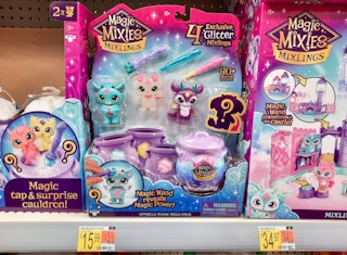Magic Mixies Mixlings Sparkle Magic Meda Four Pack toy on shelf at Walmart. Price tag on shelf indicates that the price is $15.99.