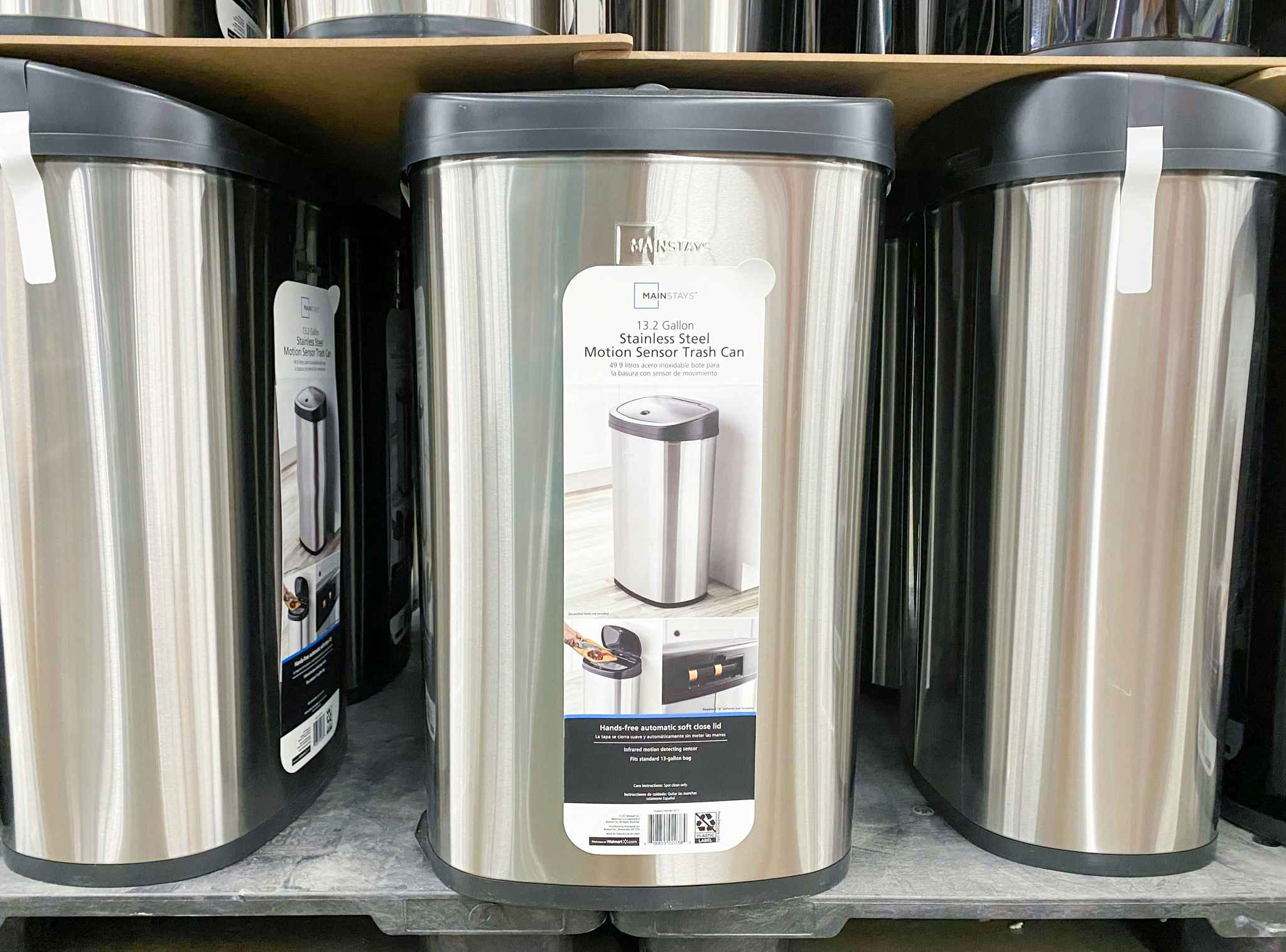 Mainstays Stainless Steel Motion Sensor Garbage Can on display at Walmart