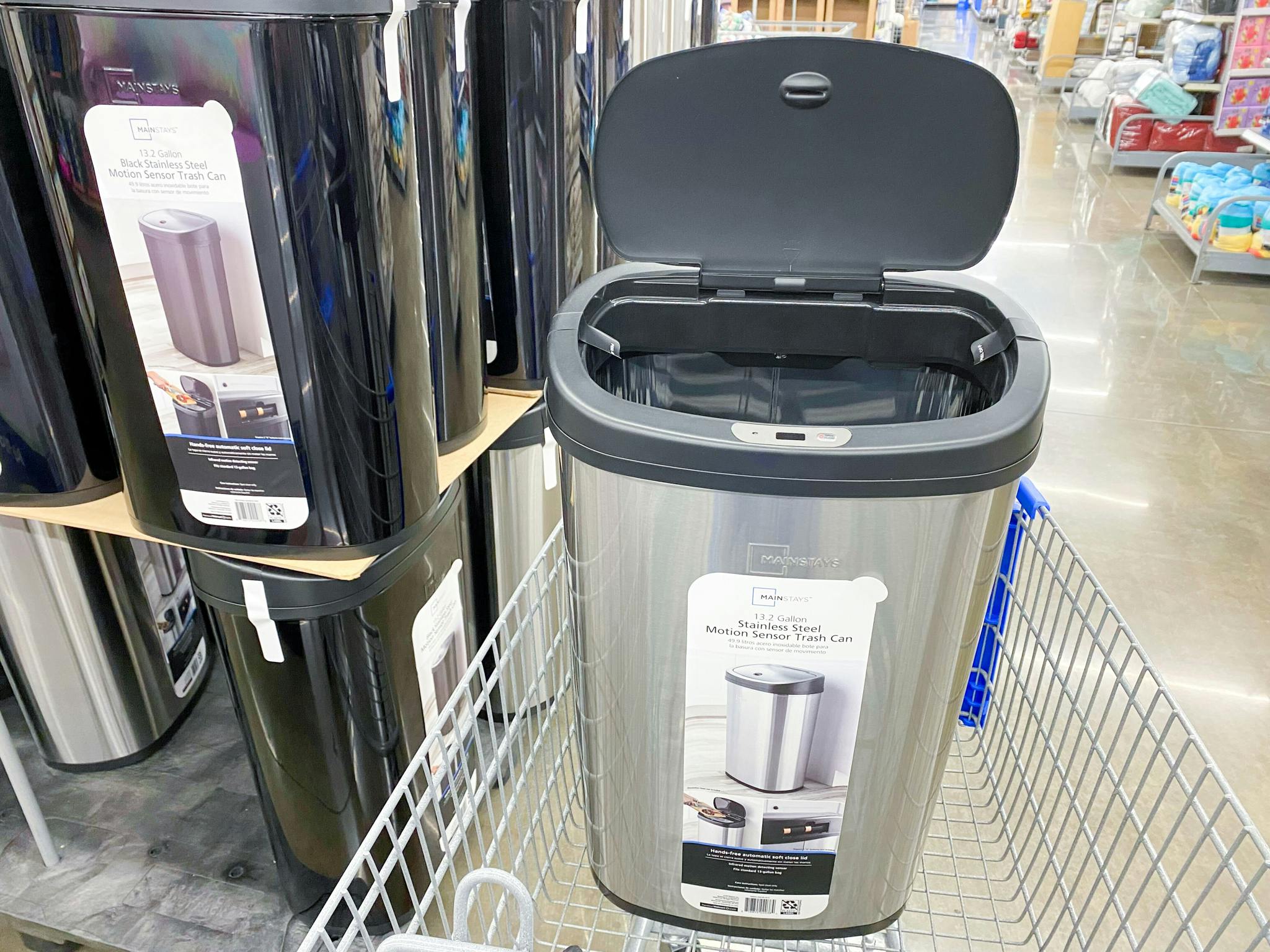 Mainstays Stainless Steel Motion Sensor Garbage Can in Walmart shopping cart